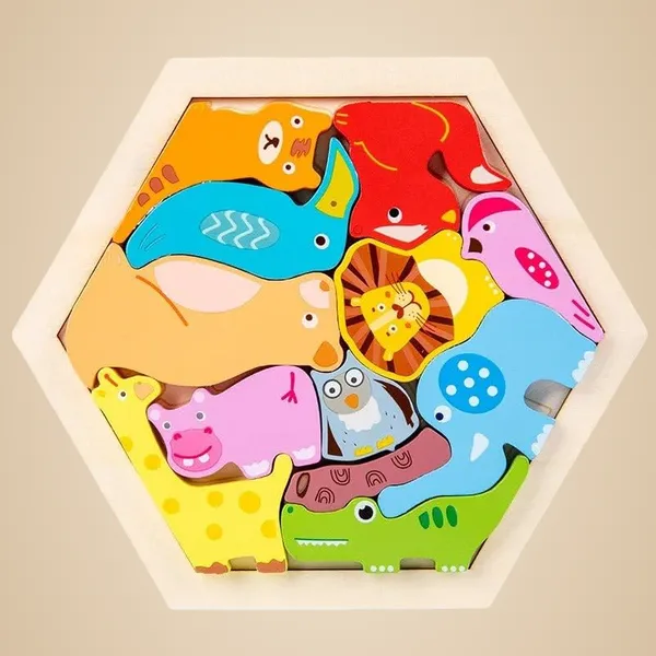 3D_Hexagon_Puzzle_Board_Colorful_Wooden_Cartoon_Mammals_Fruits_Vehicles_Dinosaur