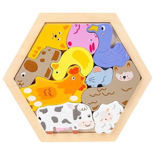 3D_Hexagon_Puzzle_Board_Colorful_Wooden_Cartoon_Mammals_Fruits_Vehicles_Dinosaur