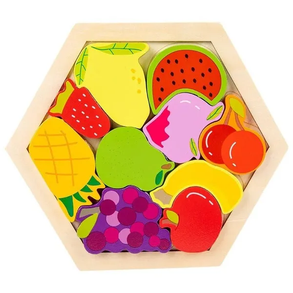 3D_Hexagon_Puzzle_Board_Colorful_Wooden_Cartoon_Mammals_Fruits_Vehicles_Dinosaur