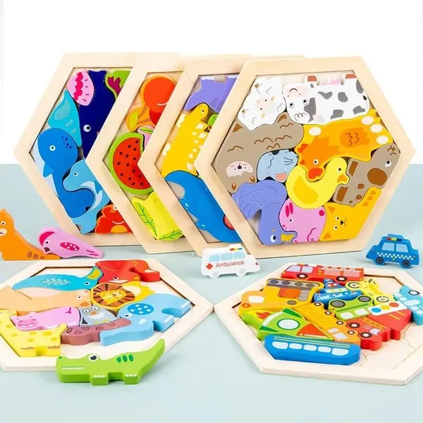 3D_Hexagon_Puzzle_Board_Colorful_Wooden_Cartoon_Mammals_Fruits_Vehicles_Dinosaur