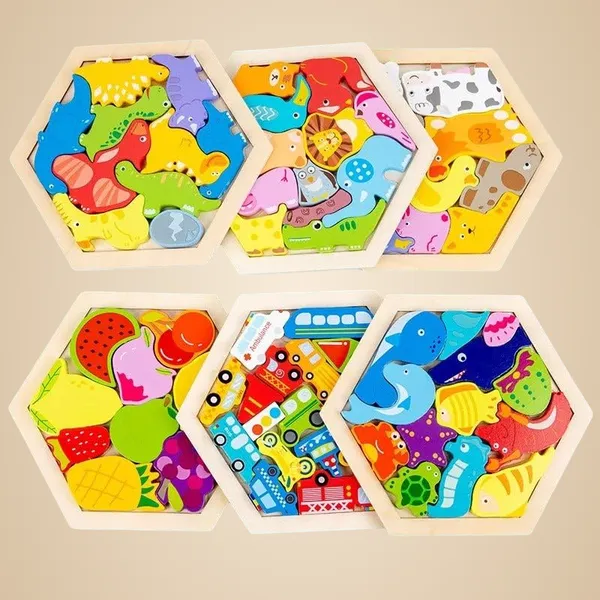 3D_Hexagon_Puzzle_Board_Colorful_Wooden_Cartoon_Mammals_Fruits_Vehicles_Dinosaur
