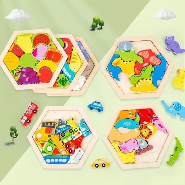 3D_Hexagon_Puzzle_Board_Colorful_Wooden_Cartoon_Mammals_Fruits_Vehicles_Dinosaur