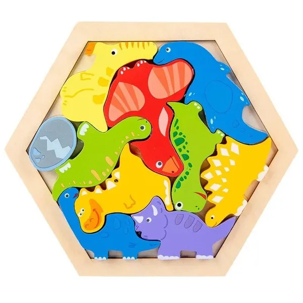 3D_Hexagon_Puzzle_Board_Colorful_Wooden_Cartoon_Mammals_Fruits_Vehicles_Dinosaur