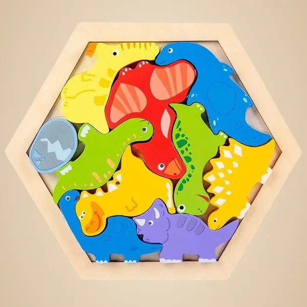 3D_Hexagon_Puzzle_Board_Colorful_Wooden_Cartoon_Mammals_Fruits_Vehicles_Dinosaur