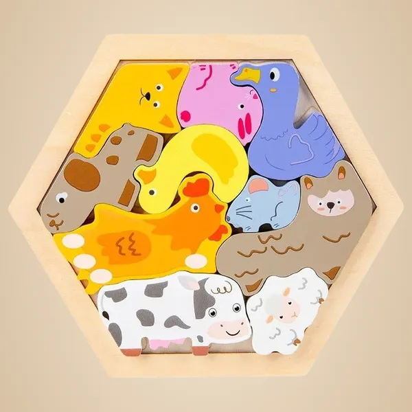 3D_Hexagon_Puzzle_Board_Colorful_Wooden_Cartoon_Mammals_Fruits_Vehicles_Dinosaur