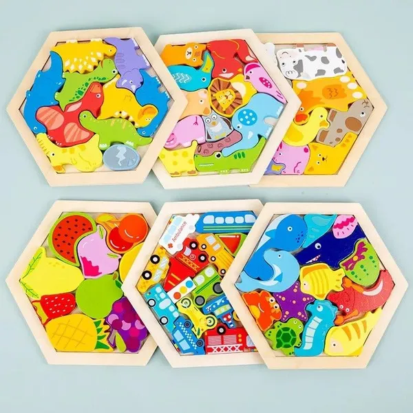 3D_Hexagon_Puzzle_Board_Colorful_Wooden_Cartoon_Mammals_Fruits_Vehicles_Dinosaur