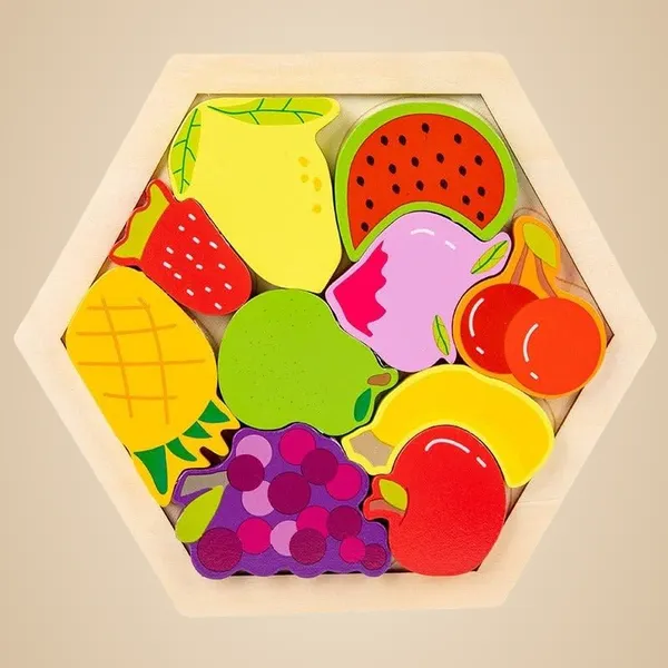 3D_Hexagon_Puzzle_Board_Colorful_Wooden_Cartoon_Mammals_Fruits_Vehicles_Dinosaur
