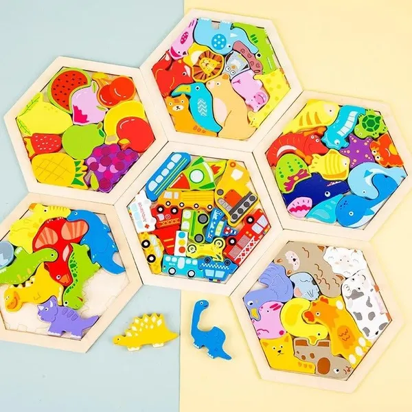 3D_Hexagon_Puzzle_Board_Colorful_Wooden_Cartoon_Mammals_Fruits_Vehicles_Dinosaur