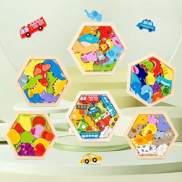 3D_Hexagon_Puzzle_Board_Colorful_Wooden_Cartoon_Mammals_Fruits_Vehicles_Dinosaur