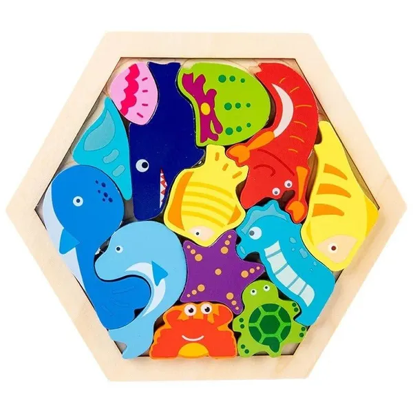 3D_Hexagon_Puzzle_Board_Colorful_Wooden_Cartoon_Mammals_Fruits_Vehicles_Dinosaur