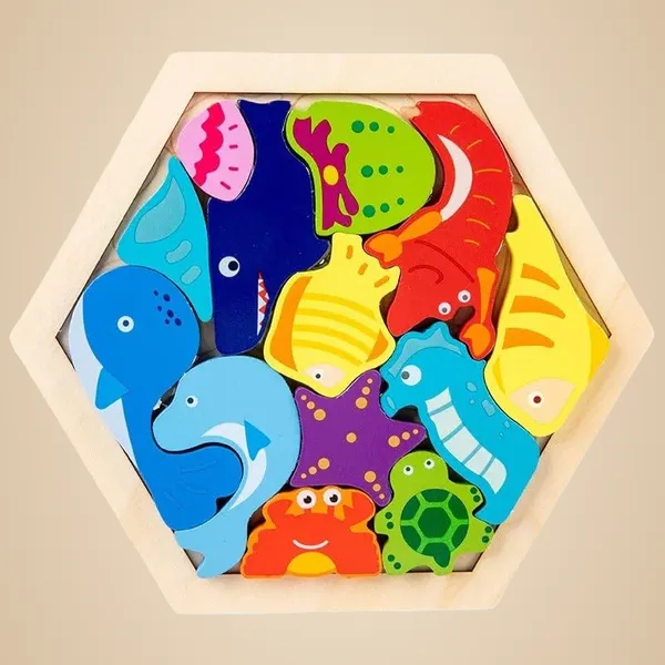 3D_Hexagon_Puzzle_Board_Colorful_Wooden_Cartoon_Mammals_Fruits_Vehicles_Dinosaur