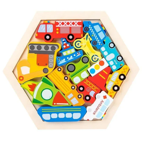 3D_Hexagon_Puzzle_Board_Colorful_Wooden_Cartoon_Mammals_Fruits_Vehicles_Dinosaur
