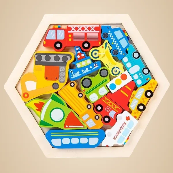 3D_Hexagon_Puzzle_Board_Colorful_Wooden_Cartoon_Mammals_Fruits_Vehicles_Dinosaur