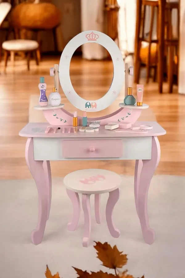 Wooden_Princess_Dressing_Table_for_Girl__Wooden_Pink_Dresser,_Simulation_Dresser_Mirror_Girl_Birthday_Gift