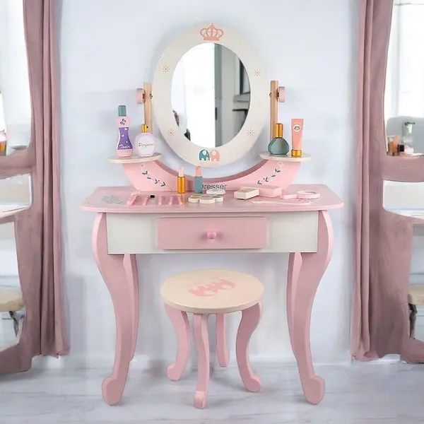 Wooden_Princess_Dressing_Table_for_Girl__Wooden_Pink_Dresser,_Simulation_Dresser_Mirror_Girl_Birthday_Gift
