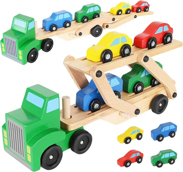 Wooden_Double_Decker_Vehicle__Wooden_Transporter_Toy_Carrier_1_Truck_and_4_Cars