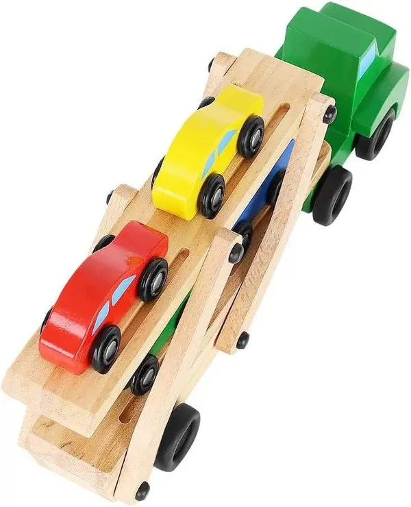 Wooden_Double_Decker_Vehicle__Wooden_Transporter_Toy_Carrier_1_Truck_and_4_Cars