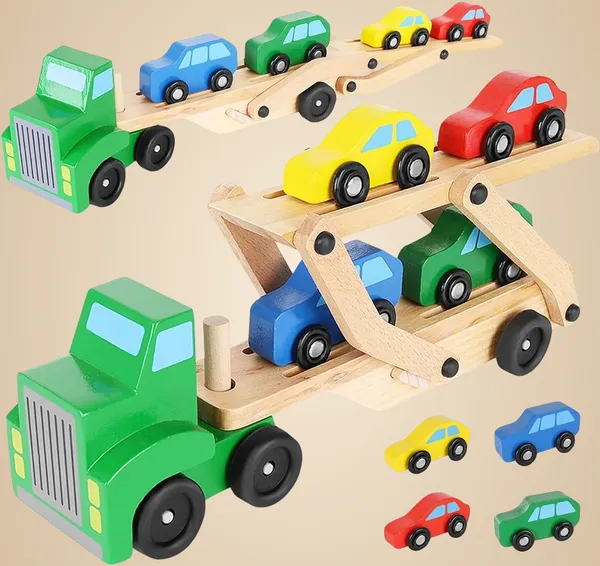 Wooden_Double_Decker_Vehicle__Wooden_Transporter_Toy_Carrier_1_Truck_and_4_Cars