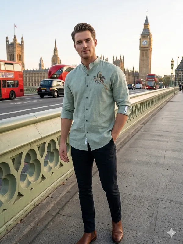 Green_Linen_Embroidered_Long_Sleeves_Casual_Shirt_For_Men