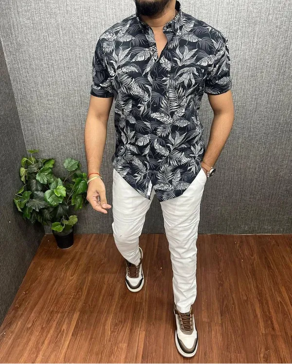 Black_Cotton_Printed_Short_Sleeves_Casual_Shirt_For_Men