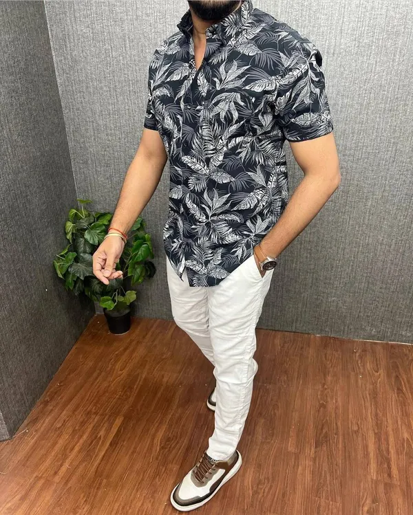 Black_Cotton_Printed_Short_Sleeves_Casual_Shirt_For_Men