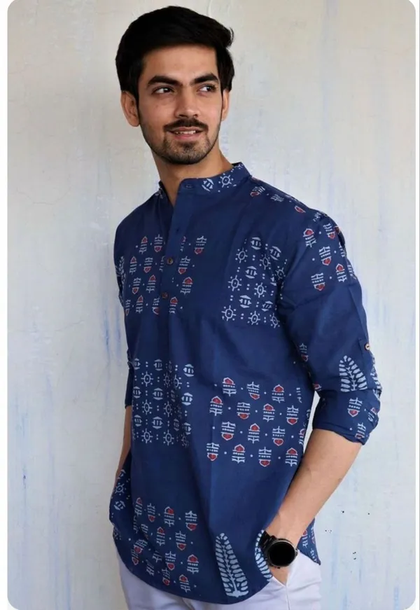 Blue_Cotton_Printed_Long_Sleeves_Casual_Kurta_Style_Shirt_For_Men