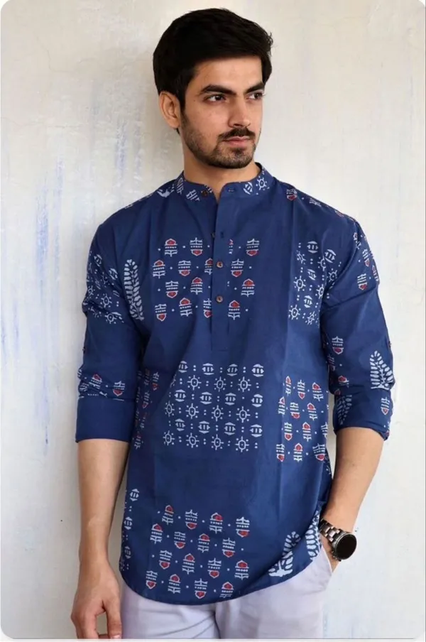 Blue_Cotton_Printed_Long_Sleeves_Casual_Kurta_Style_Shirt_For_Men