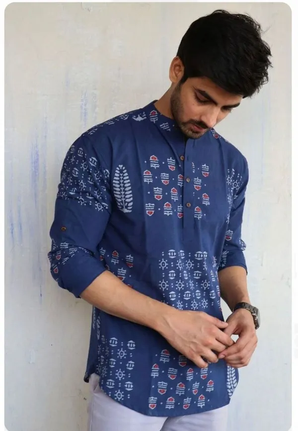 Blue_Cotton_Printed_Long_Sleeves_Casual_Kurta_Style_Shirt_For_Men