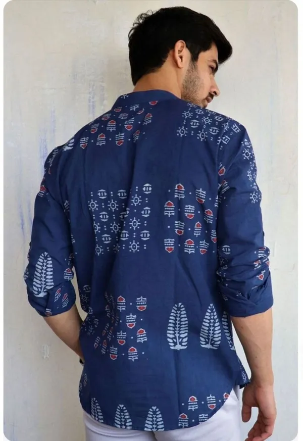 Blue_Cotton_Printed_Long_Sleeves_Casual_Kurta_Style_Shirt_For_Men
