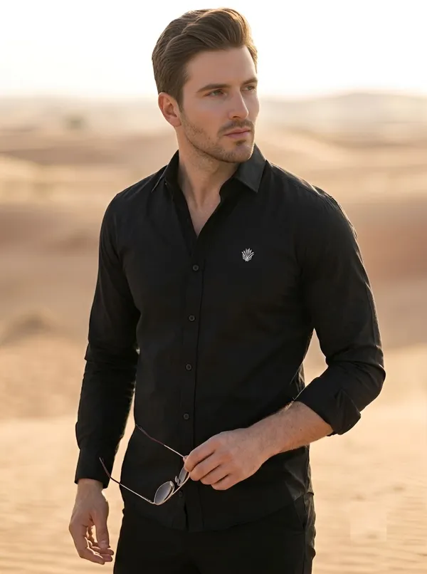 Black_Cotton_Plain_Long_Sleeves_Casual_Shirt_For_Men