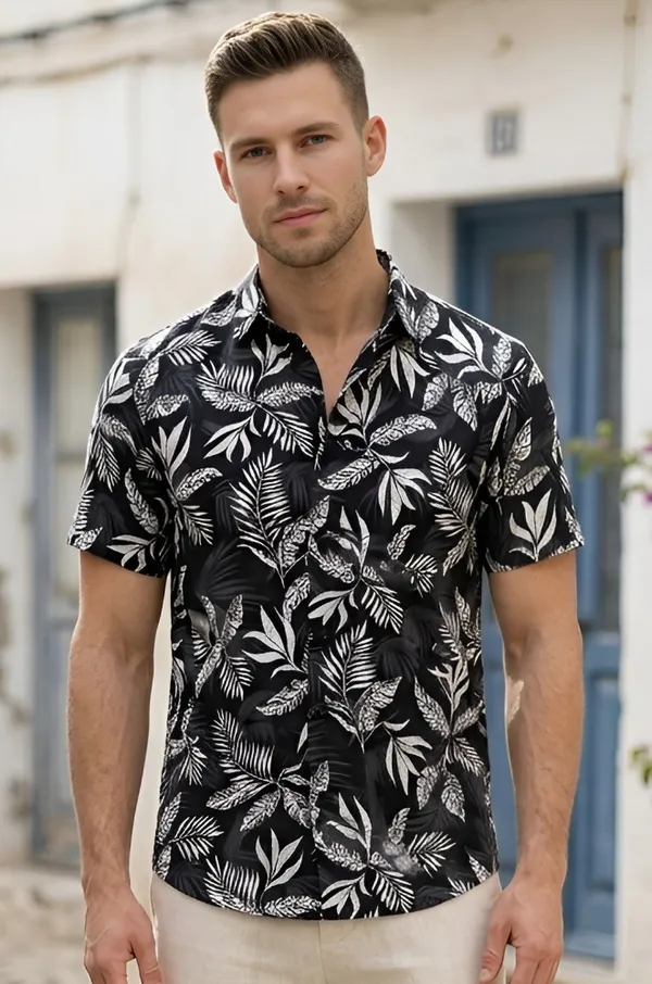 Black_Cotton_Printed_Short_Sleeves_Casual_Shirt_For_Men