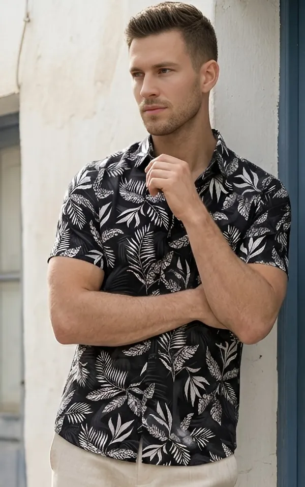 Black_Cotton_Printed_Short_Sleeves_Casual_Shirt_For_Men