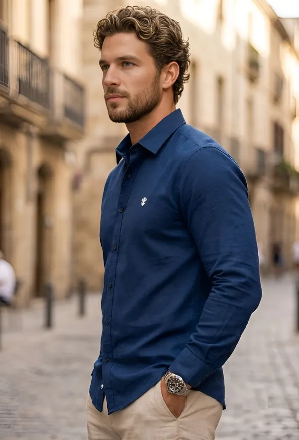 Blue_Cotton_Plain_Long_Sleeves_Casual_Shirt_For_Men