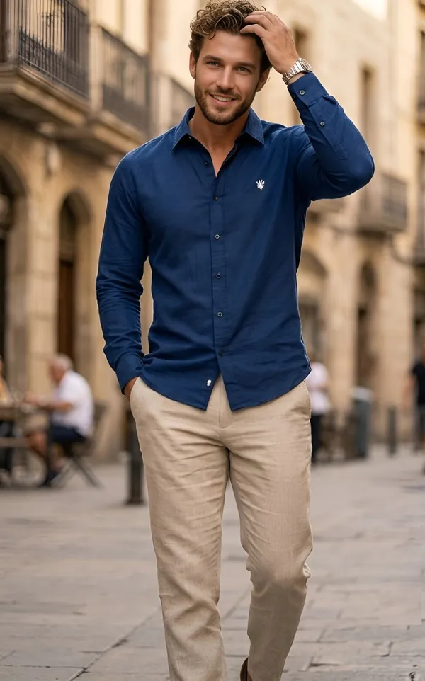 Blue_Cotton_Plain_Long_Sleeves_Casual_Shirt_For_Men