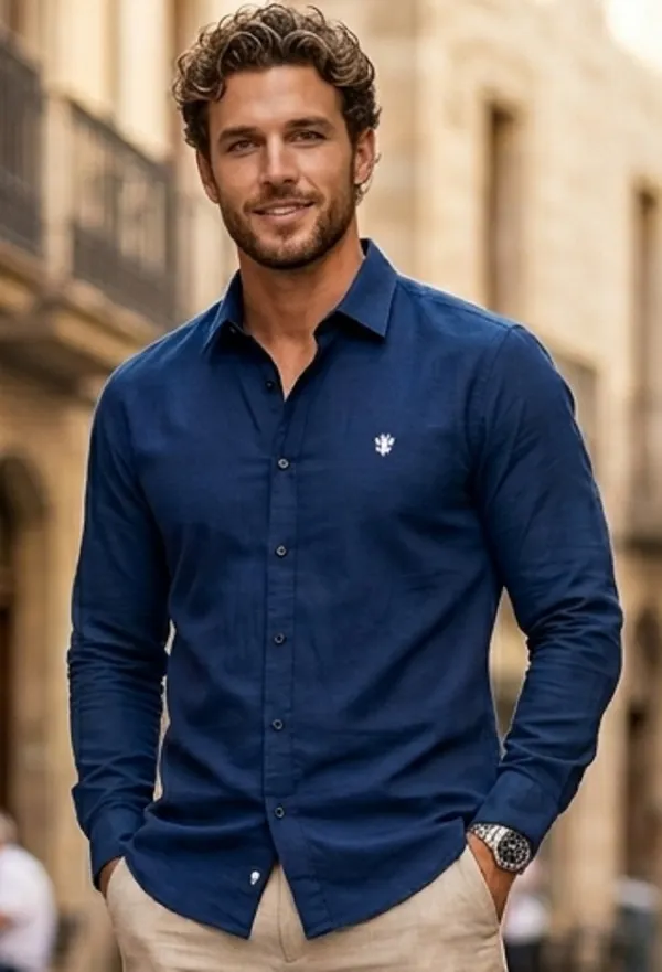 Blue_Cotton_Plain_Long_Sleeves_Casual_Shirt_For_Men