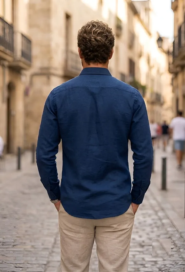 Blue_Cotton_Plain_Long_Sleeves_Casual_Shirt_For_Men