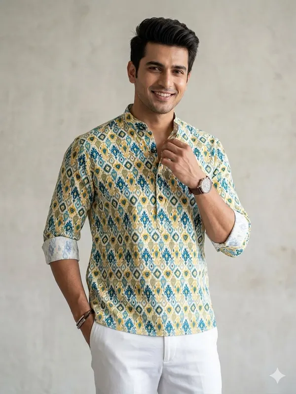 Blue_Cotton_Printed_Long_Sleeves_Casual_Kurta_Style_Shirt_For_Men