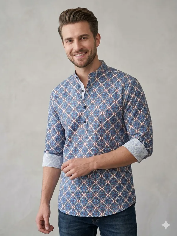 Blue_Cotton_Printed_Long_Sleeves_Casual_Kurta_Style_Shirt_For_Men