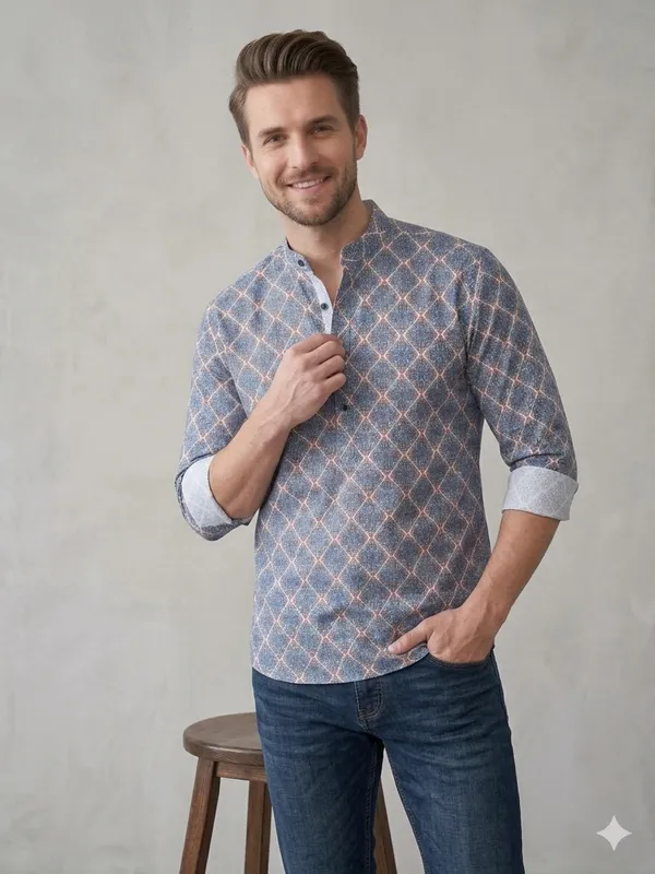 Blue_Cotton_Printed_Long_Sleeves_Casual_Kurta_Style_Shirt_For_Men