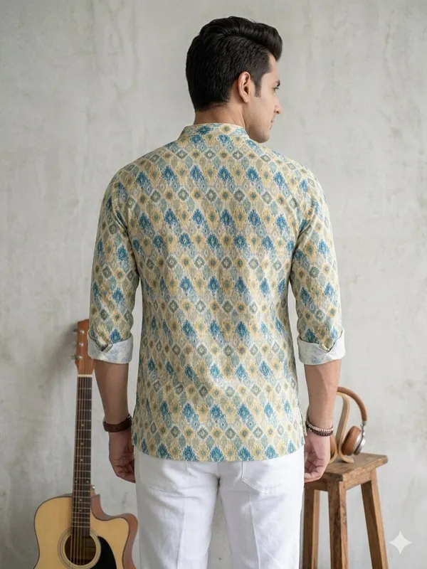 Blue_Cotton_Printed_Long_Sleeves_Casual_Kurta_Style_Shirt_For_Men