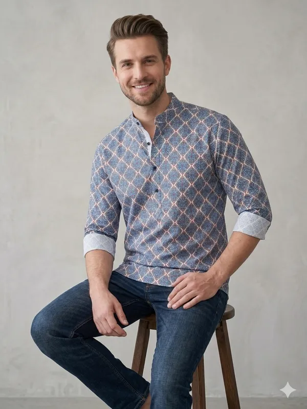 Blue_Cotton_Printed_Long_Sleeves_Casual_Kurta_Style_Shirt_For_Men