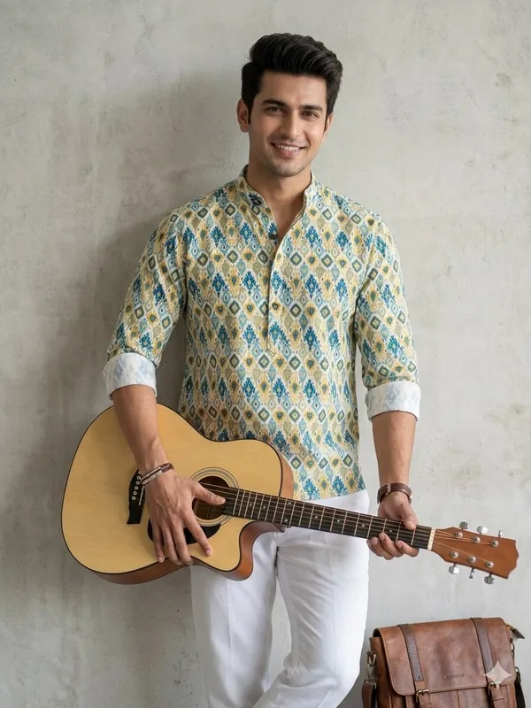 Blue_Cotton_Printed_Long_Sleeves_Casual_Kurta_Style_Shirt_For_Men