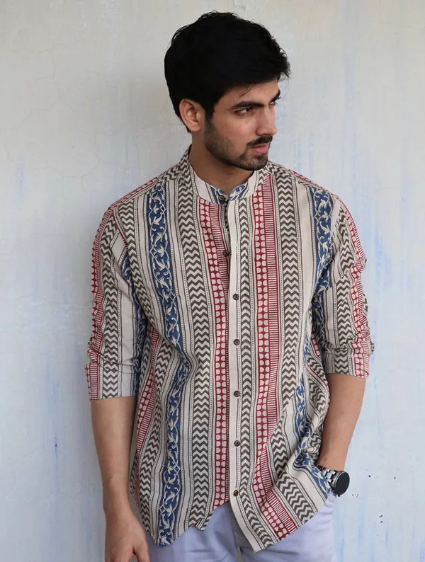 Cream_Cotton_Printed_Long_Sleeves_Casual_Kurta_Style_Shirt_For_Men