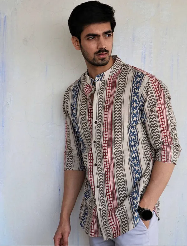 Cream_Cotton_Printed_Long_Sleeves_Casual_Kurta_Style_Shirt_For_Men