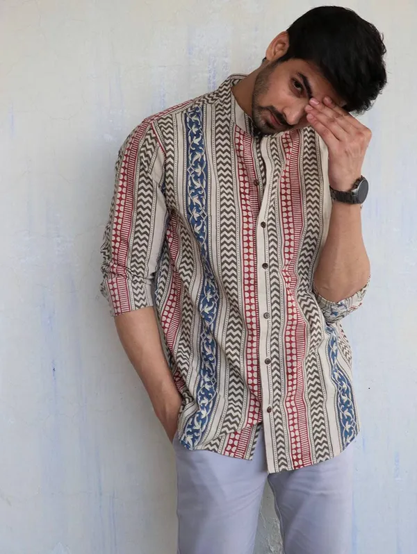Cream_Cotton_Printed_Long_Sleeves_Casual_Kurta_Style_Shirt_For_Men