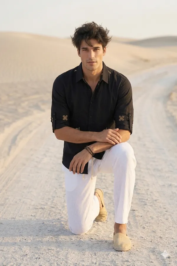 Combo_best_seller_combo_Black_Full_slevees_shirt_+_White_Linen_Pant