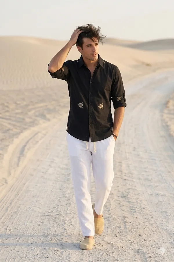 Combo_best_seller_combo_Black_Full_slevees_shirt_+_White_Linen_Pant