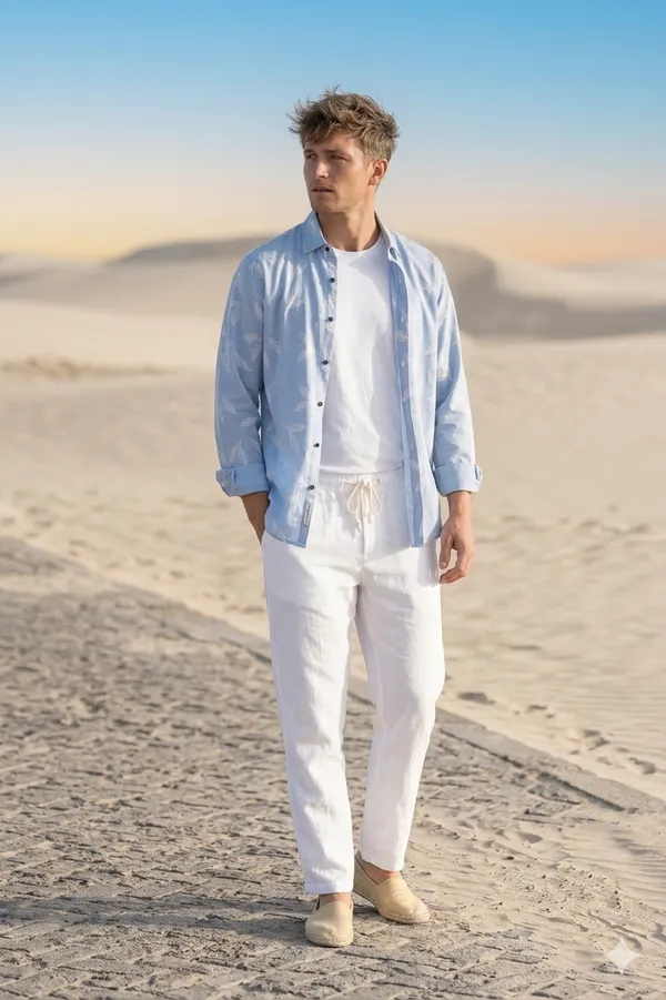Combo_best_seller_combo_Blue_Long_slevees_shirt_+_Linen_White_Pant