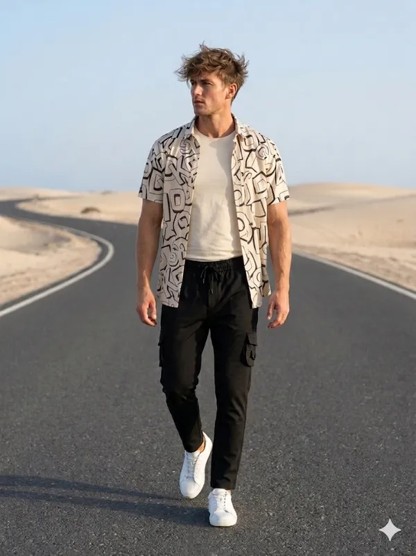 Combo_best_seller_combo_Cream_short_slevees_shirt_+_caargo_Black_caargo
