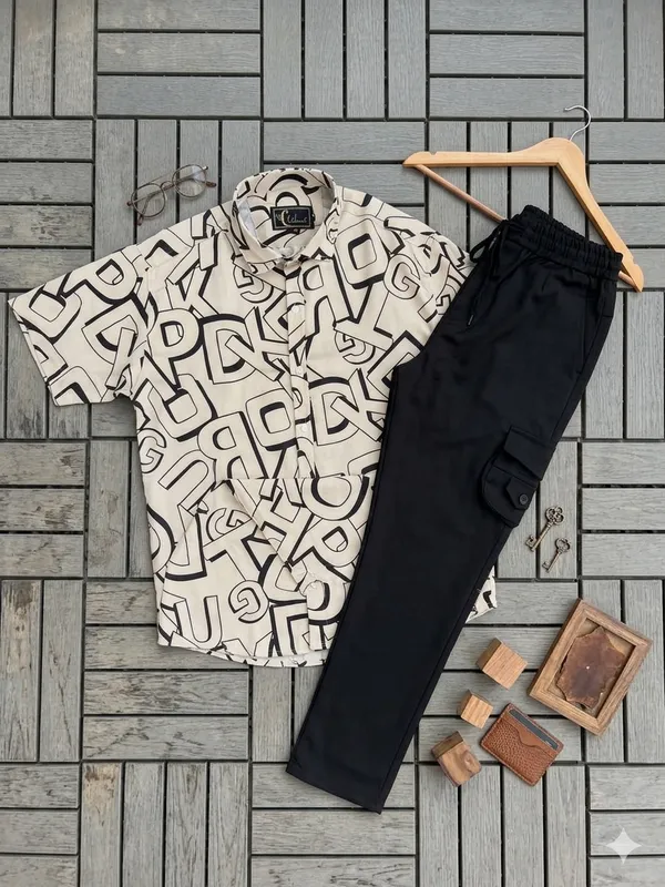 Combo_best_seller_combo_Cream_short_slevees_shirt_+_caargo_Black_caargo